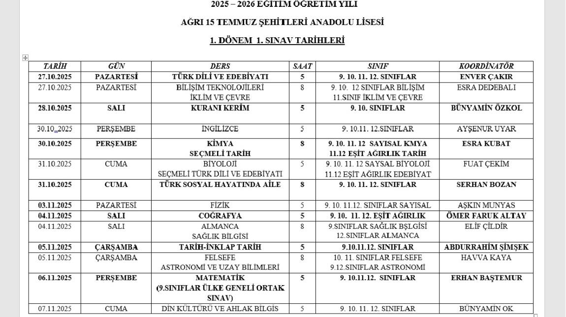 1.Dönem 1. Sınav Tarihleri Duyurusu